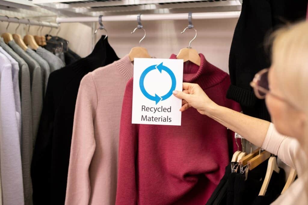 hand of blond mature shop assistant holding card saying about recycled materials