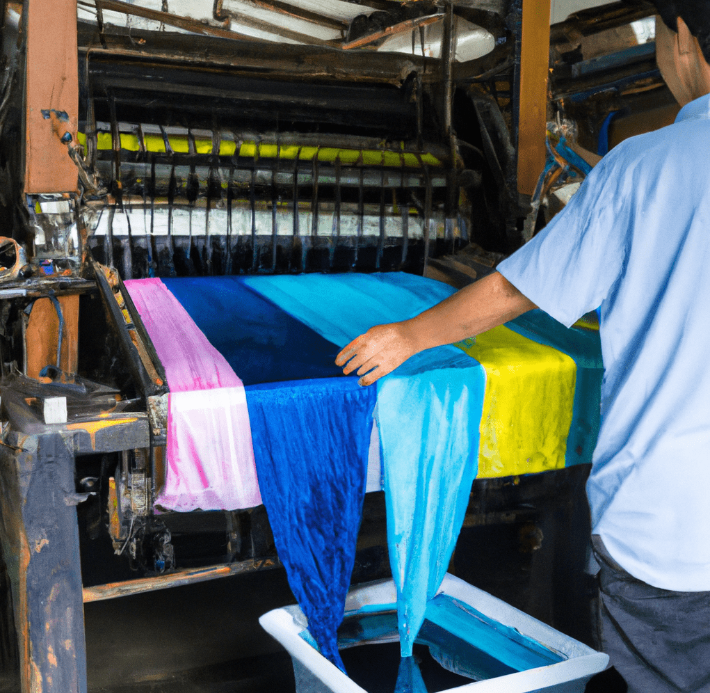 a man is using a machine to pre treat the fabric in a dyeing factory